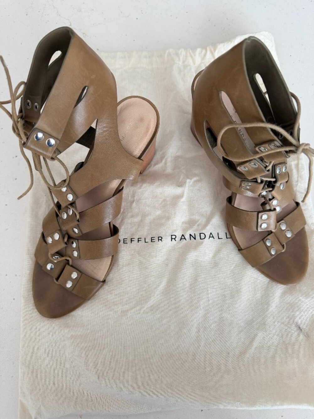 Loeffler Randall Leather Brown - Army Green Strap Heeled Sandals Size 8.5